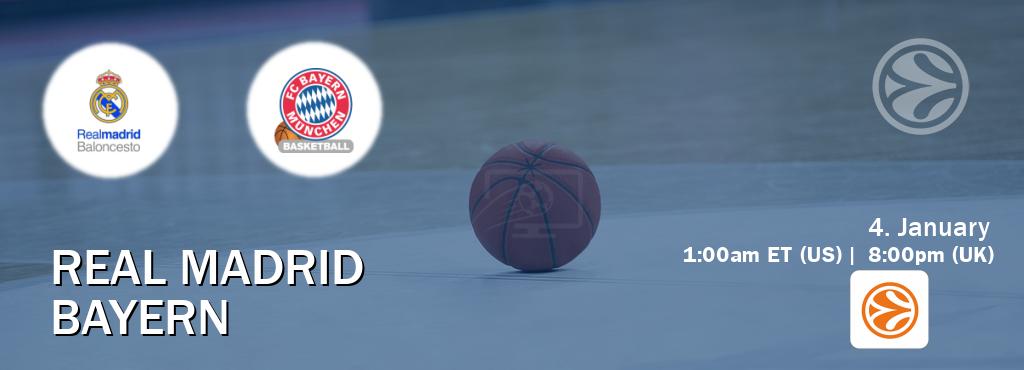 You can watch game live between Real Madrid and Bayern on EuroLeague TV.