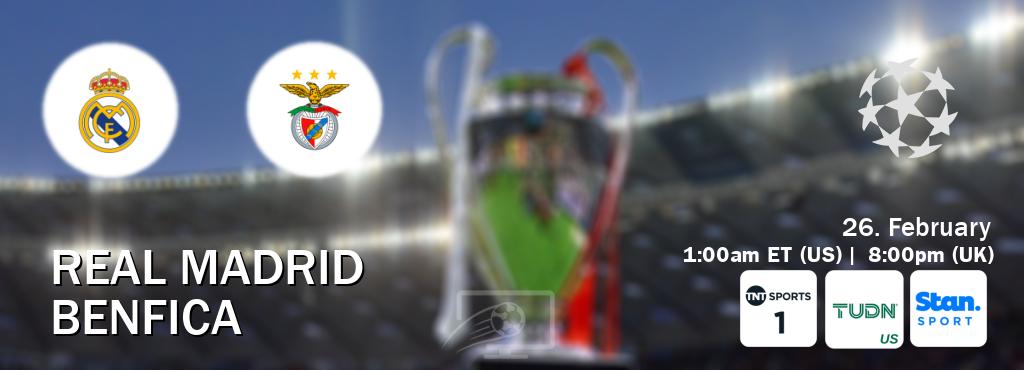 You can watch game live between Real Madrid and Benfica on TNT Sports 1(UK), TUDN(US), Stan Sport(AU). You can watch game live between Real Madrid and Benfica on TNT Sports 1(UK), TUDN(US), Stan Sport(AU).