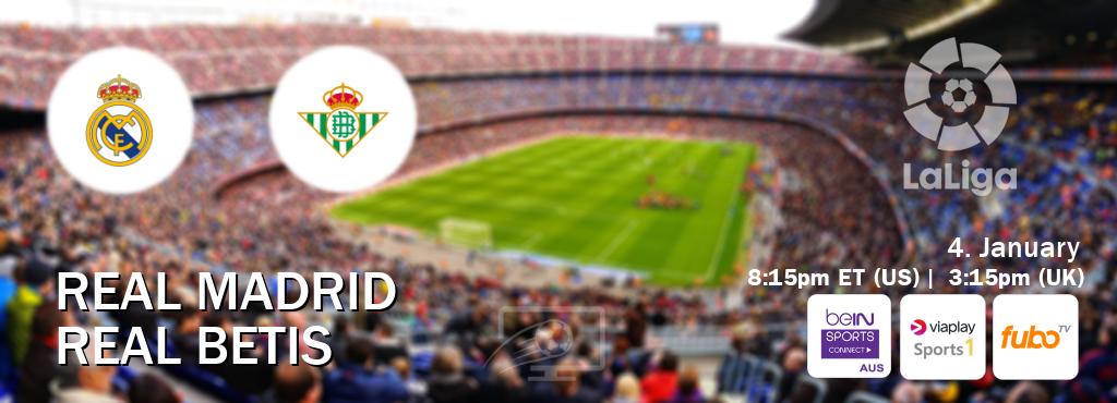You can watch game live between Real Madrid and Real Betis on beIN Sports Connect(AU), Viaplay Sports 1(UK), fuboTV(US).