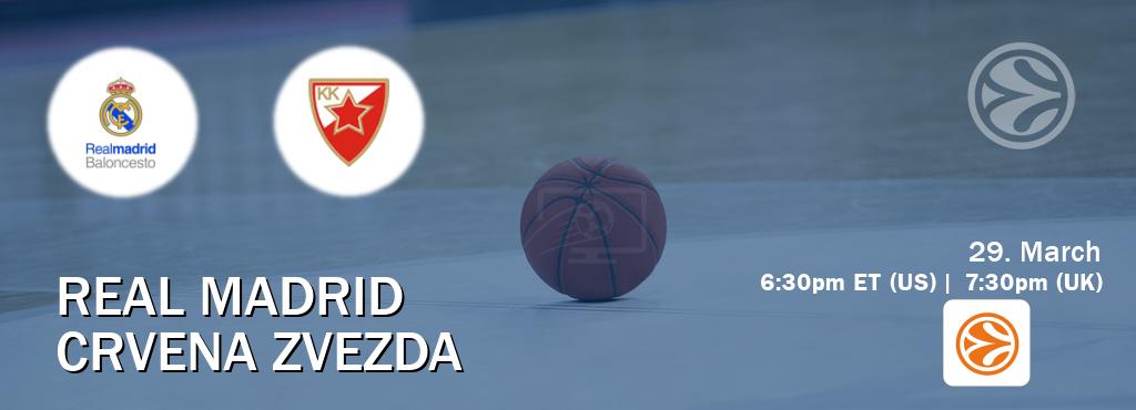 You can watch game live between Real Madrid and Crvena zvezda on EuroLeague TV.