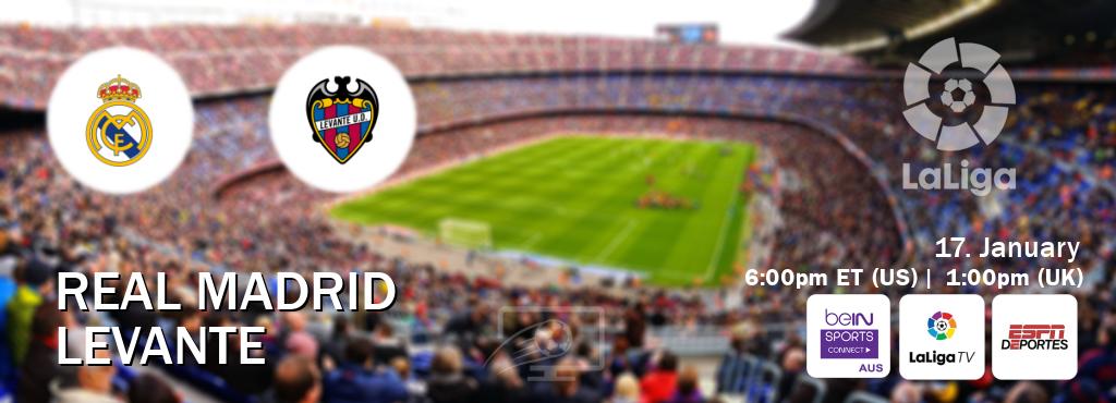 You can watch game live between Real Madrid and Levante on beIN Sports Connect(AU), LaLiga TV(UK), ESPN Deportes(US).