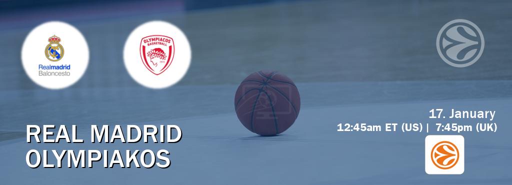 You can watch game live between Real Madrid and Olympiakos on EuroLeague TV.