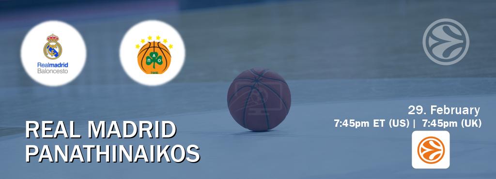 You can watch game live between Real Madrid and Panathinaikos on EuroLeague TV.