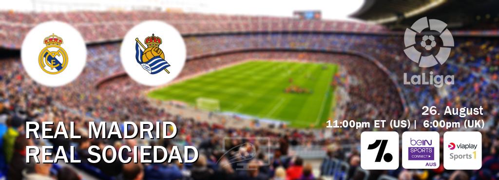 You can watch game live between Real Madrid and Real Sociedad on OneFootball, beIN Sports Connect(AU), Viaplay Sports 1(UK). You can watch game live between Real Madrid and Real Sociedad on OneFootball, beIN Sports Connect(AU), Viaplay Sports 1(UK).