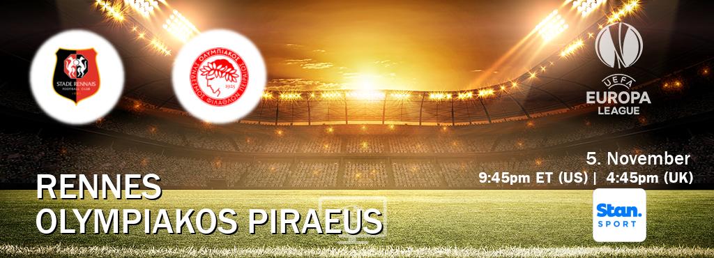 You can watch game live between Rennes and Olympiakos Piraeus on Stan Sport(AU). You can watch game live between Rennes and Olympiakos Piraeus on Stan Sport(AU).