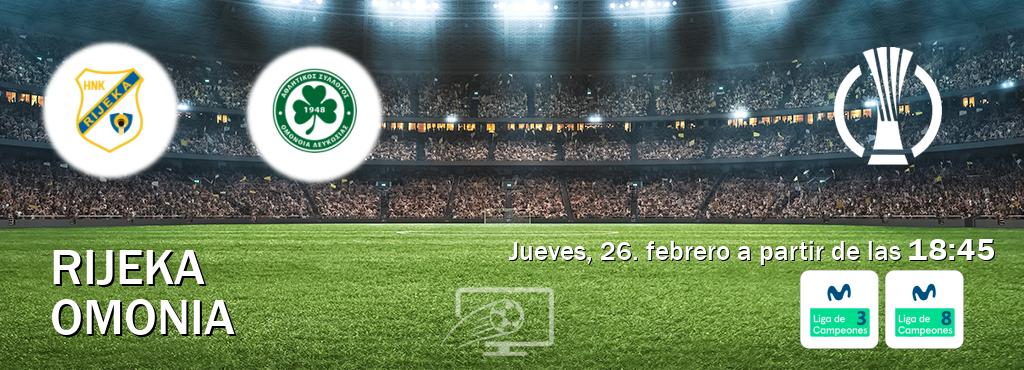 El partido entre Rijeka y Omonia será retransmitido por Movistar Liga de Campeones 3 y Movistar Liga de Campeones 8 (jueves, 26. febrero a partir de las  18:45).