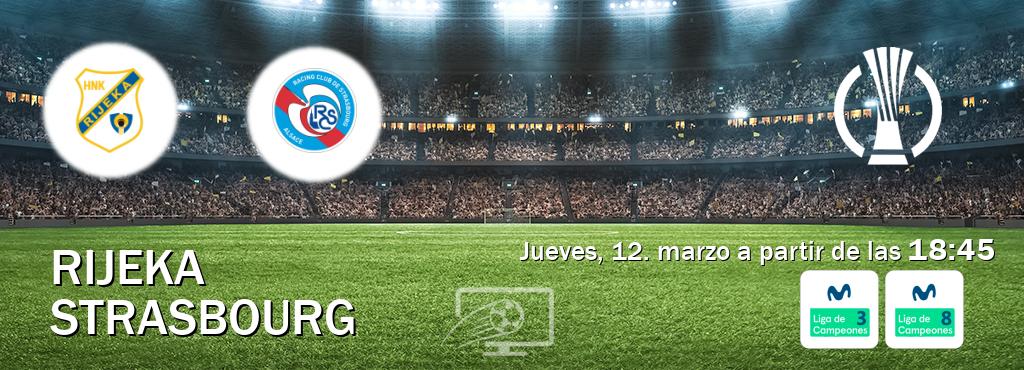 El partido entre Rijeka y Strasbourg será retransmitido por Movistar Liga de Campeones 3 y Movistar Liga de Campeones 8 (jueves, 12. marzo a partir de las  18:45).