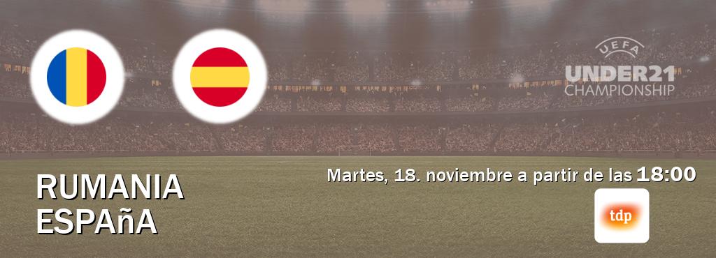 El partido entre Rumania U21 y España U21 será retransmitido por Teledeporte (martes, 18. noviembre a partir de las  18:00).