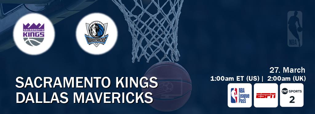 You can watch game live between Sacramento Kings and Dallas Mavericks on NBA League Pass, ESPN(AU), TNT Sports 2(UK).