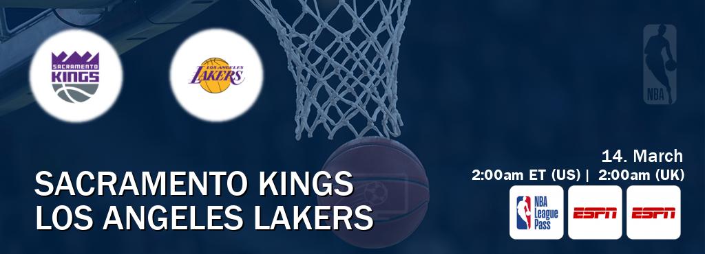 You can watch game live between Sacramento Kings and Los Angeles Lakers on NBA League Pass, ESPN(AU), ESPN(US).