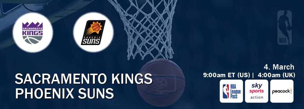 You can watch game live between Sacramento Kings and Phoenix Suns on NBA League Pass, Sky Sports Action(UK), Peacock(US).
