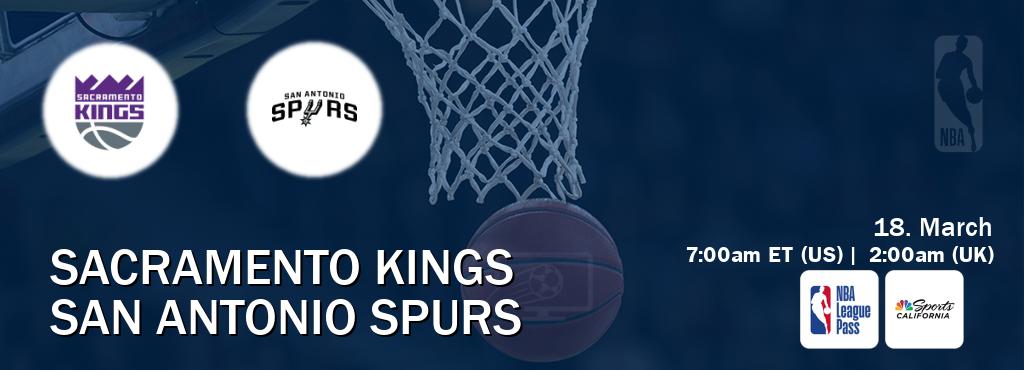 You can watch game live between Sacramento Kings and San Antonio Spurs on NBA League Pass and NBCS California(US).