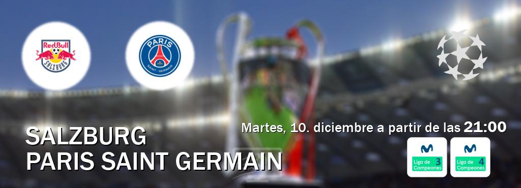 El partido entre Salzburg y Paris Saint Germain será retransmitido por Movistar Liga de Campeones 3 y Movistar Liga de Campeones 4 (martes, 10. diciembre a partir de las  21:00).