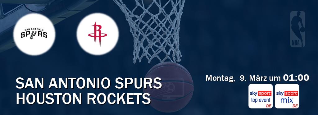 Das Spiel zwischen San Antonio Spurs und Houston Rockets wird am Montag,  9. März um  01:00, live vom Sky Sport Top Event und Sky Sport Mix übertragen.
