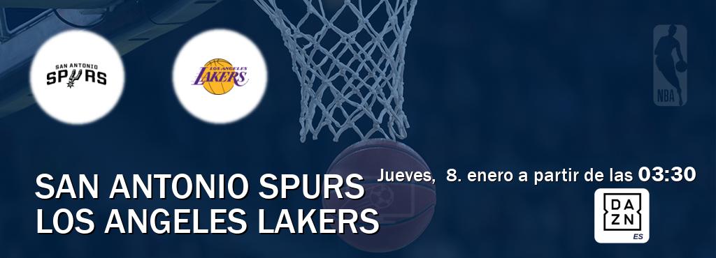 El partido entre San Antonio Spurs y Los Angeles Lakers será retransmitido por DAZN España (jueves, 8. enero a partir de las 03:30). El partido entre San Antonio Spurs y Los Angeles Lakers será retransmitido por DAZN España (jueves, 8. enero a partir de las 03:30).