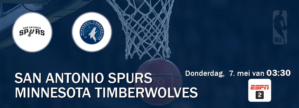 Wedstrijd tussen San Antonio Spurs en Minnesota Timberwolves live op tv bij ESPN 2 (donderdag, 7. mei van 03:30). Wedstrijd tussen San Antonio Spurs en Minnesota Timberwolves live op tv bij ESPN 2 (donderdag, 7. mei van 03:30).