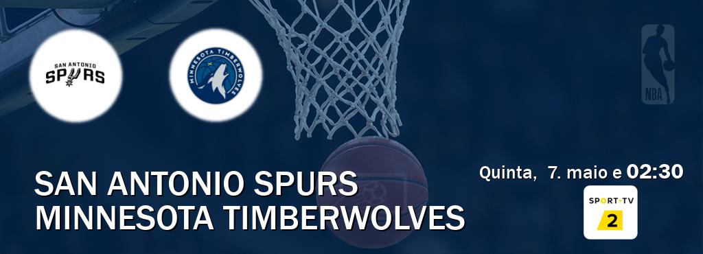 Jogo entre San Antonio Spurs e Minnesota Timberwolves tem emissão Sport TV 2 (quinta, 7. maio e 02:30). Jogo entre San Antonio Spurs e Minnesota Timberwolves tem emissão Sport TV 2 (quinta, 7. maio e 02:30).