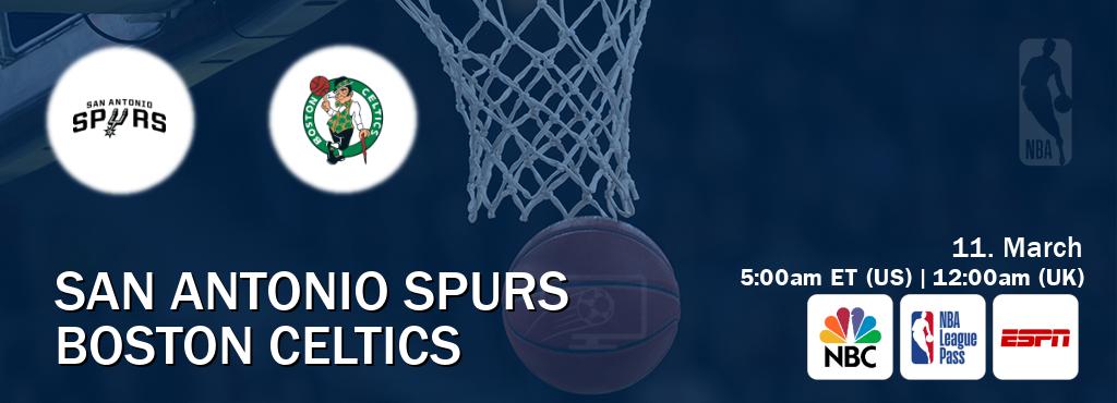 You can watch game live between San Antonio Spurs and Boston Celtics on NBC(US), NBA League Pass, ESPN(AU).
