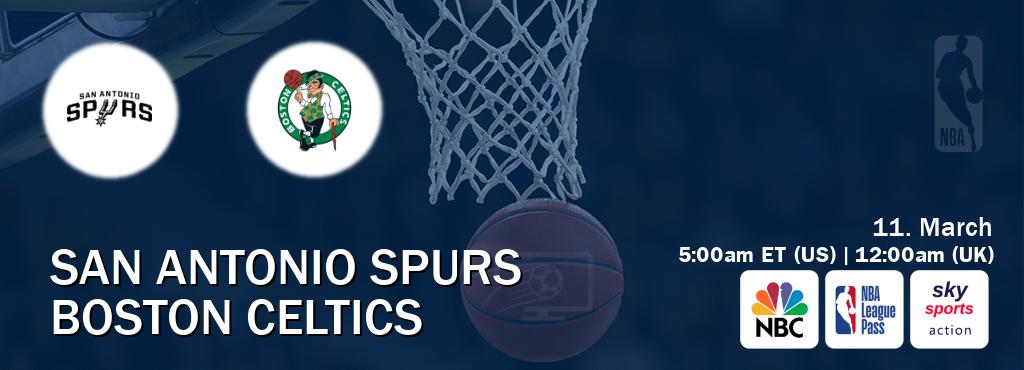 You can watch game live between San Antonio Spurs and Boston Celtics on NBC(US), NBA League Pass, Sky Sports Action(UK). You can watch game live between San Antonio Spurs and Boston Celtics on NBC(US), NBA League Pass, Sky Sports Action(UK).