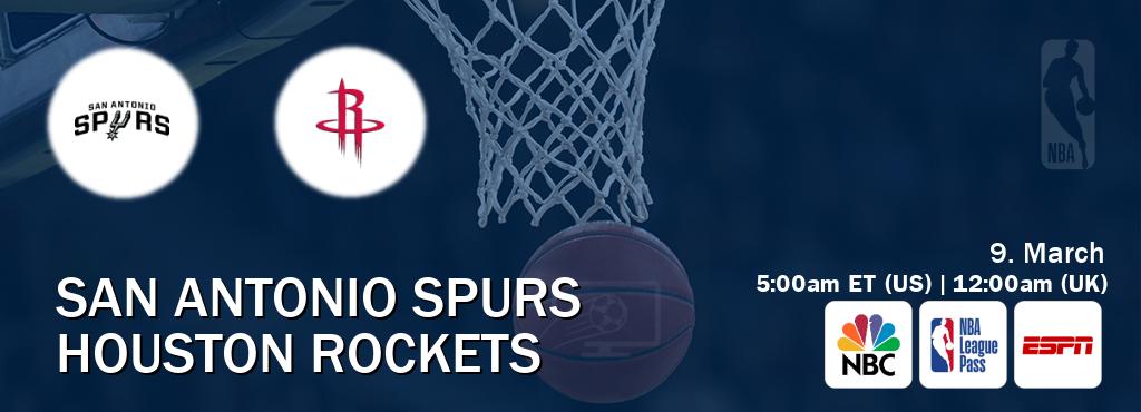 You can watch game live between San Antonio Spurs and Houston Rockets on NBC(US), NBA League Pass, ESPN(AU).