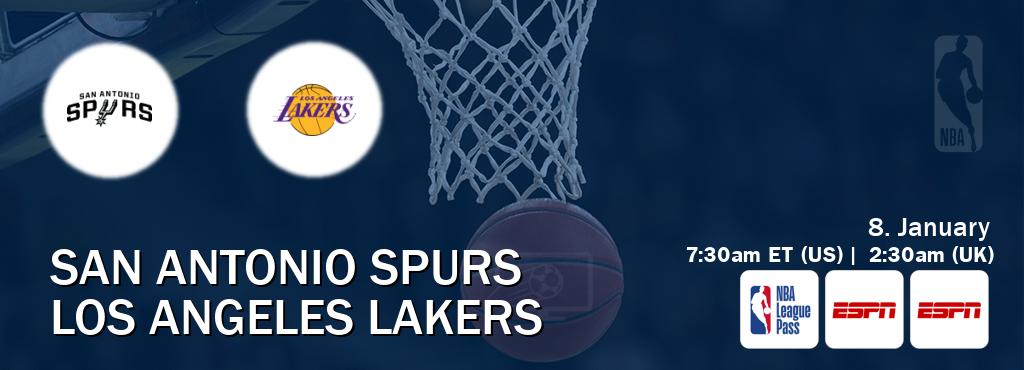 You can watch game live between San Antonio Spurs and Los Angeles Lakers on NBA League Pass, ESPN(AU), ESPN(US).