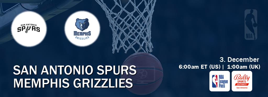 You can watch game live between San Antonio Spurs and Memphis Grizzlies on NBA League Pass and Bally Sports San Antonio(US).