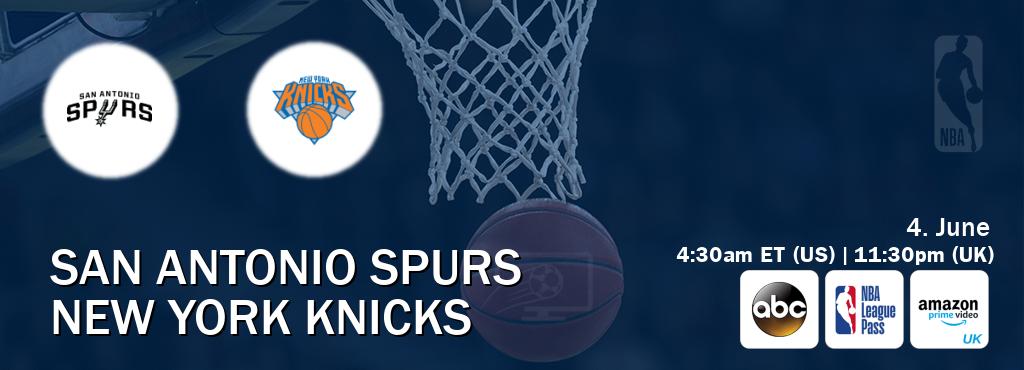 You can watch game live between San Antonio Spurs and New York Knicks on ABC(US), NBA League Pass, Amazon Prime Video UK(UK).