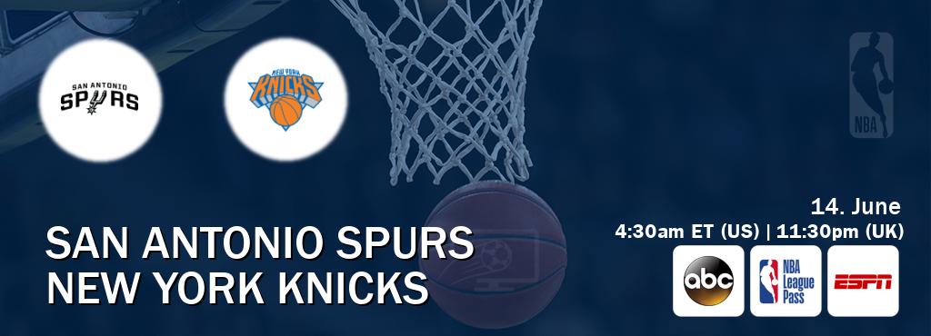You can watch game live between San Antonio Spurs and New York Knicks on ABC(US), NBA League Pass, ESPN(AU). You can watch game live between San Antonio Spurs and New York Knicks on ABC(US), NBA League Pass, ESPN(AU).
