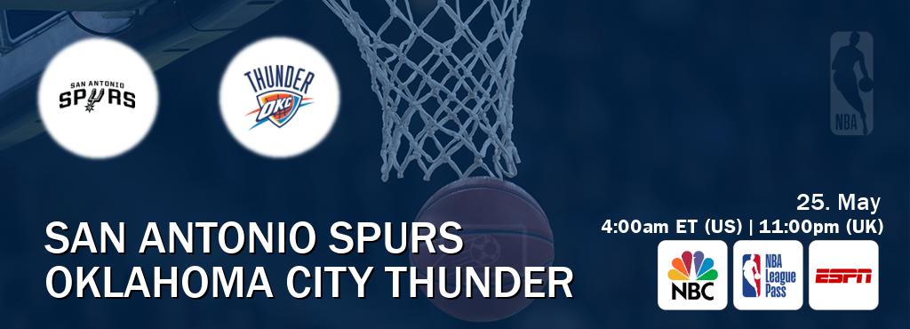 You can watch game live between San Antonio Spurs and Oklahoma City Thunder on NBC(US), NBA League Pass, ESPN(AU). You can watch game live between San Antonio Spurs and Oklahoma City Thunder on NBC(US), NBA League Pass, ESPN(AU).