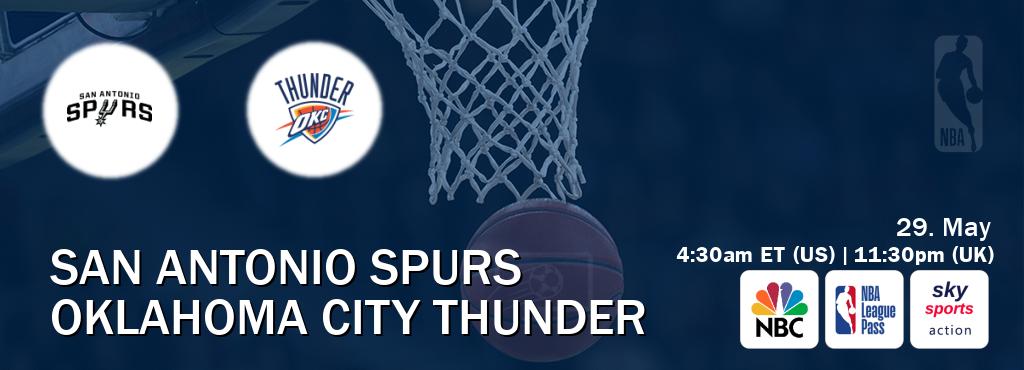 You can watch game live between San Antonio Spurs and Oklahoma City Thunder on NBC(US), NBA League Pass, Sky Sports Action(UK). You can watch game live between San Antonio Spurs and Oklahoma City Thunder on NBC(US), NBA League Pass, Sky Sports Action(UK).