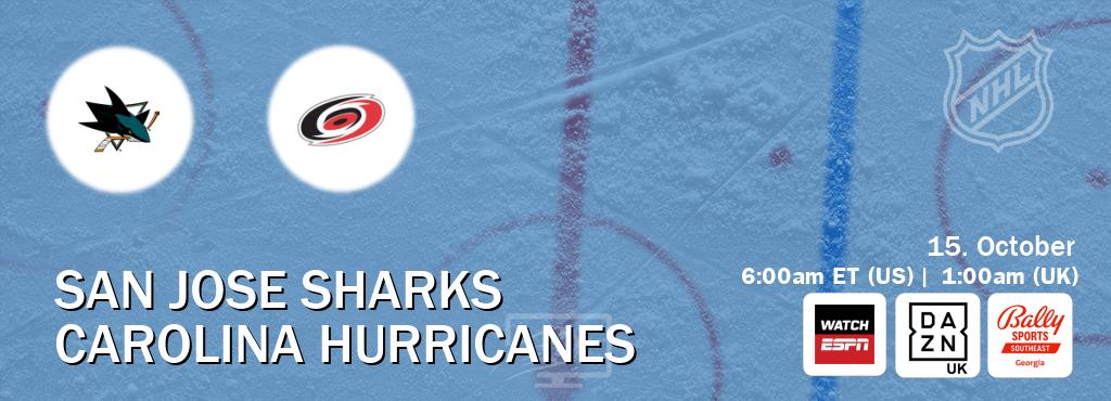 You can watch game live between San Jose Sharks and Carolina Hurricanes on WatchESPN(AU), DAZN UK(UK), Bally Sports Georgia(US). You can watch game live between San Jose Sharks and Carolina Hurricanes on WatchESPN(AU), DAZN UK(UK), Bally Sports Georgia(US).