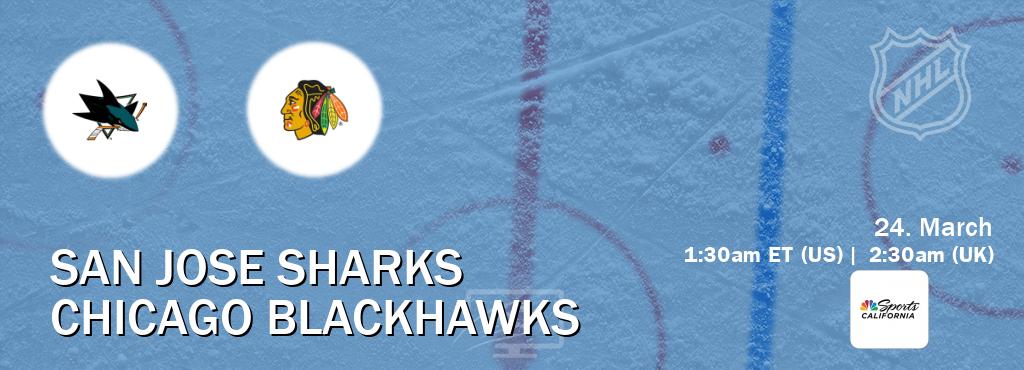 You can watch game live between San Jose Sharks and Chicago Blackhawks on NBCS California(US).