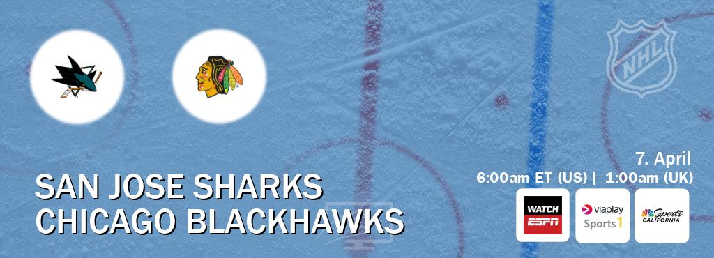 You can watch game live between San Jose Sharks and Chicago Blackhawks on WatchESPN(AU), Viaplay Sports 1(UK), NBCS California(US).