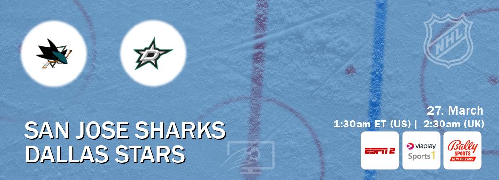 You can watch game live between San Jose Sharks and Dallas Stars on ESPN2(AU), Viaplay Sports 1(UK), Bally Sports New Orleans(US).