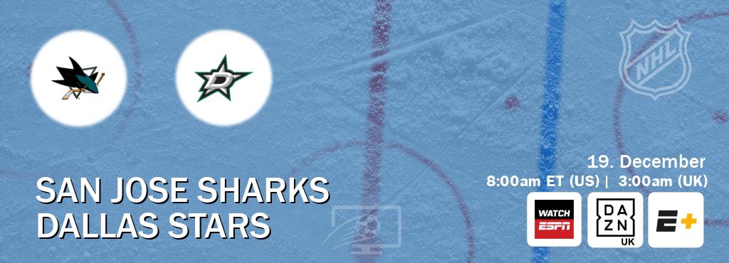 You can watch game live between San Jose Sharks and Dallas Stars on WatchESPN(AU), DAZN UK(UK), ESPN+(US). You can watch game live between San Jose Sharks and Dallas Stars on WatchESPN(AU), DAZN UK(UK), ESPN+(US).