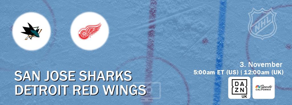 You can watch game live between San Jose Sharks and Detroit Red Wings on DAZN UK(UK) and NBCS California(US). You can watch game live between San Jose Sharks and Detroit Red Wings on DAZN UK(UK) and NBCS California(US).