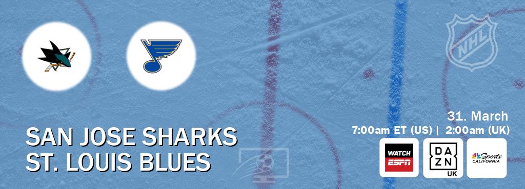 You can watch game live between San Jose Sharks and St. Louis Blues on WatchESPN(AU), DAZN UK(UK), NBCS California(US).