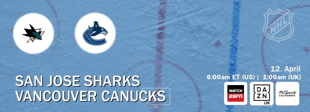 You can watch game live between San Jose Sharks and Vancouver Canucks on WatchESPN(AU), DAZN UK(UK), NBCS California(US).