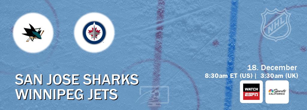 You can watch game live between San Jose Sharks and Winnipeg Jets on WatchESPN(AU) and NBCS California(US).