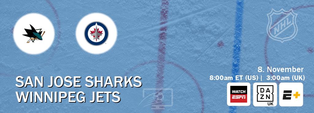 You can watch game live between San Jose Sharks and Winnipeg Jets on WatchESPN(AU), DAZN UK(UK), ESPN+(US). You can watch game live between San Jose Sharks and Winnipeg Jets on WatchESPN(AU), DAZN UK(UK), ESPN+(US).