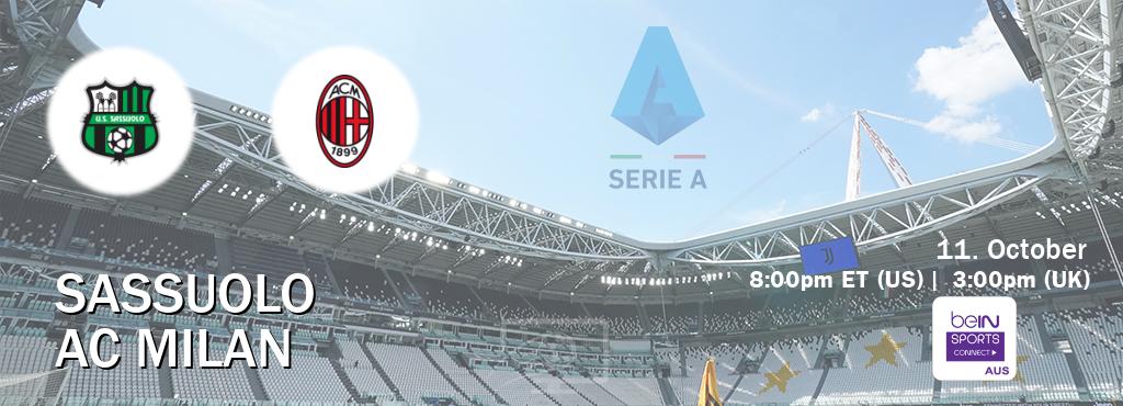 You can watch game live between Sassuolo and AC Milan on beIN Sports Connect(AU). You can watch game live between Sassuolo and AC Milan on beIN Sports Connect(AU).