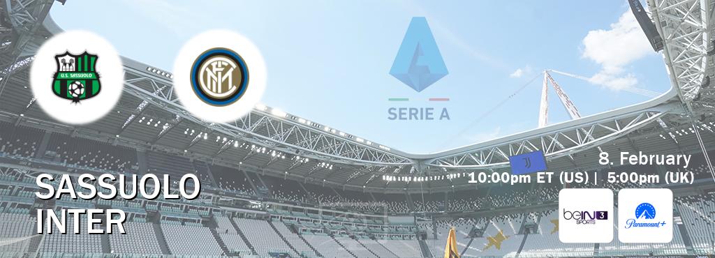 You can watch game live between Sassuolo and Inter on beIN SPORTS 3(AU) and Paramount+(US).
