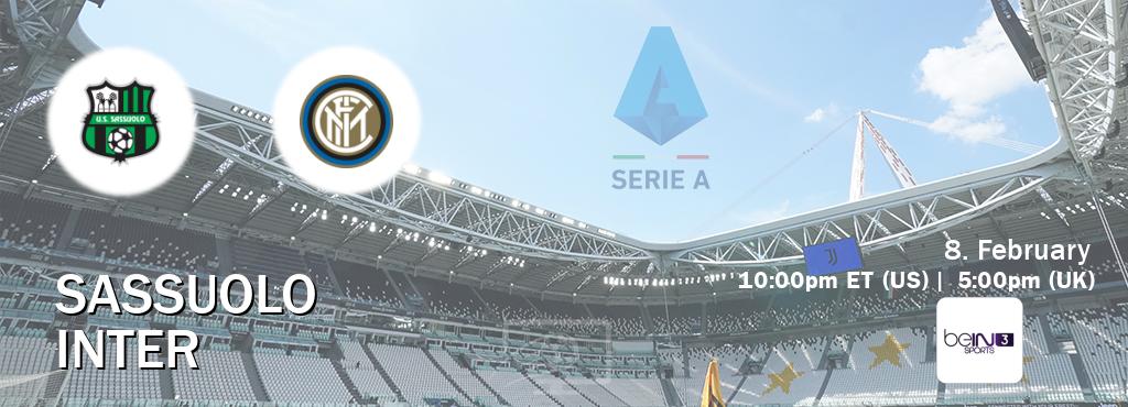 You can watch game live between Sassuolo and Inter on beIN SPORTS 3(AU).