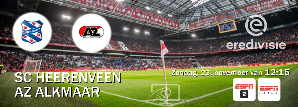 Wedstrijd tussen SC Heerenveen en AZ Alkmaar live op tv bij ESPN 2, ESPN Extra (zondag, 23. november van 12:15). Wedstrijd tussen SC Heerenveen en AZ Alkmaar live op tv bij ESPN 2, ESPN Extra (zondag, 23. november van 12:15).
