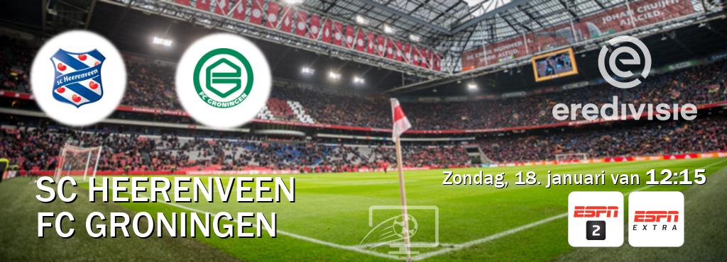 Wedstrijd tussen SC Heerenveen en FC Groningen live op tv bij ESPN 2, ESPN Extra (zondag, 18. januari van  12:15).