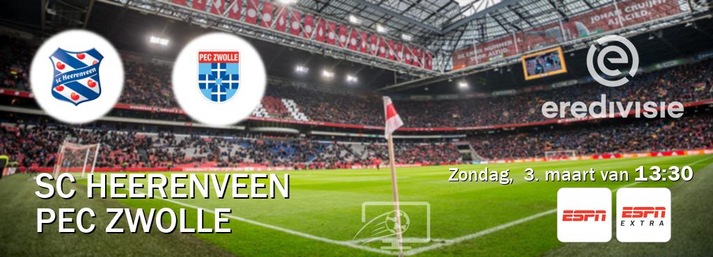 Wedstrijd tussen SC Heerenveen en PEC Zwolle live op tv bij ESPN 1, ESPN Extra (zondag,  3. maart van  13:30).