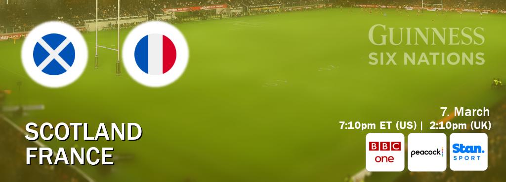 You can watch game live between Scotland and France on BBC One(UK), Peacock(US), Stan Sport(AU).
