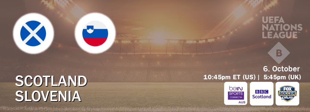 You can watch game live between Scotland and Slovenia on beIN Sports Connect(AU), BBC Scotland(UK), Fox Soccer Plus(US). You can watch game live between Scotland and Slovenia on beIN Sports Connect(AU), BBC Scotland(UK), Fox Soccer Plus(US).