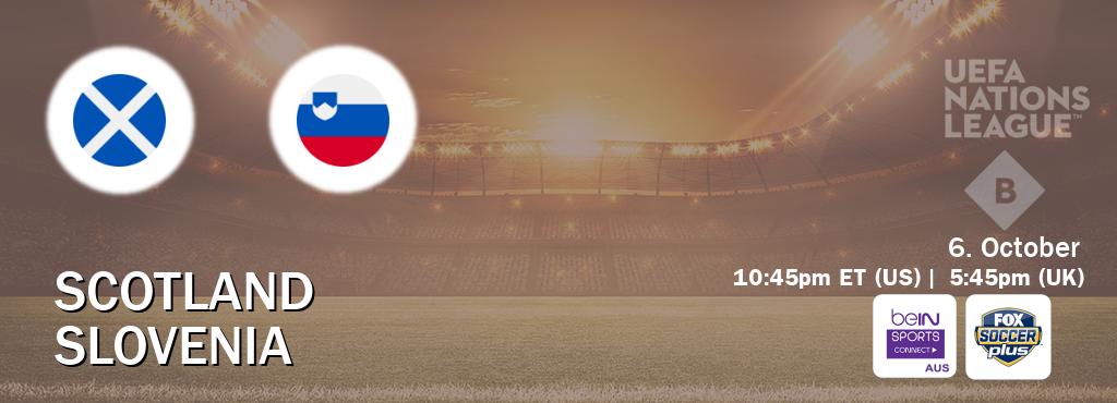 You can watch game live between Scotland and Slovenia on beIN Sports Connect(AU) and Fox Soccer Plus(US). You can watch game live between Scotland and Slovenia on beIN Sports Connect(AU) and Fox Soccer Plus(US).
