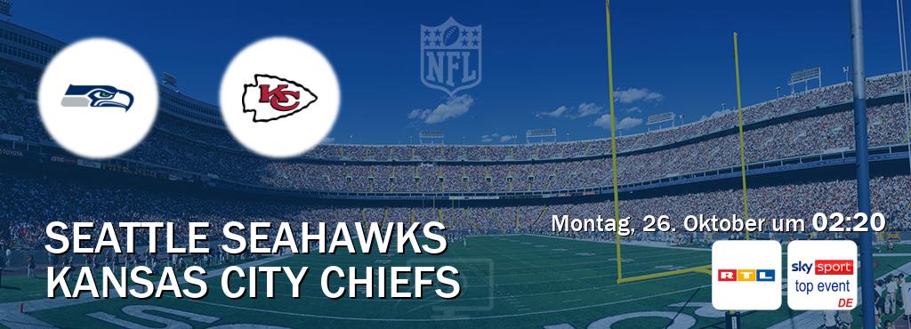 Das Spiel zwischen Seattle Seahawks und Kansas City Chiefs wird am Montag, 26. Oktober um 02:20, live vom RTL und Sky Sport Top Event übertragen. Das Spiel zwischen Seattle Seahawks und Kansas City Chiefs wird am Montag, 26. Oktober um 02:20, live vom RTL und Sky Sport Top Event übertragen.